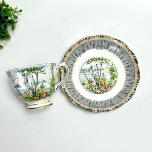 Royal Albert Silver Birch Footed Cup and Saucer Set Porcelain England